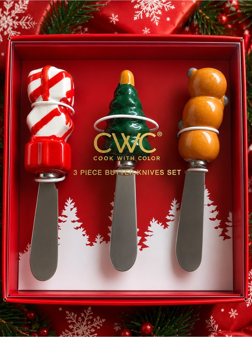 3-Piece Holiday Butter Knife Set - Red, Green, Gold Handles